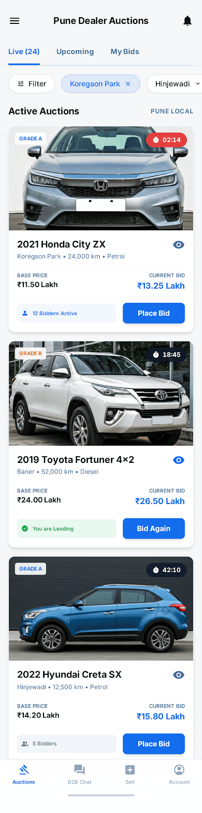Live Pune dealer auctions in the UCDAP app