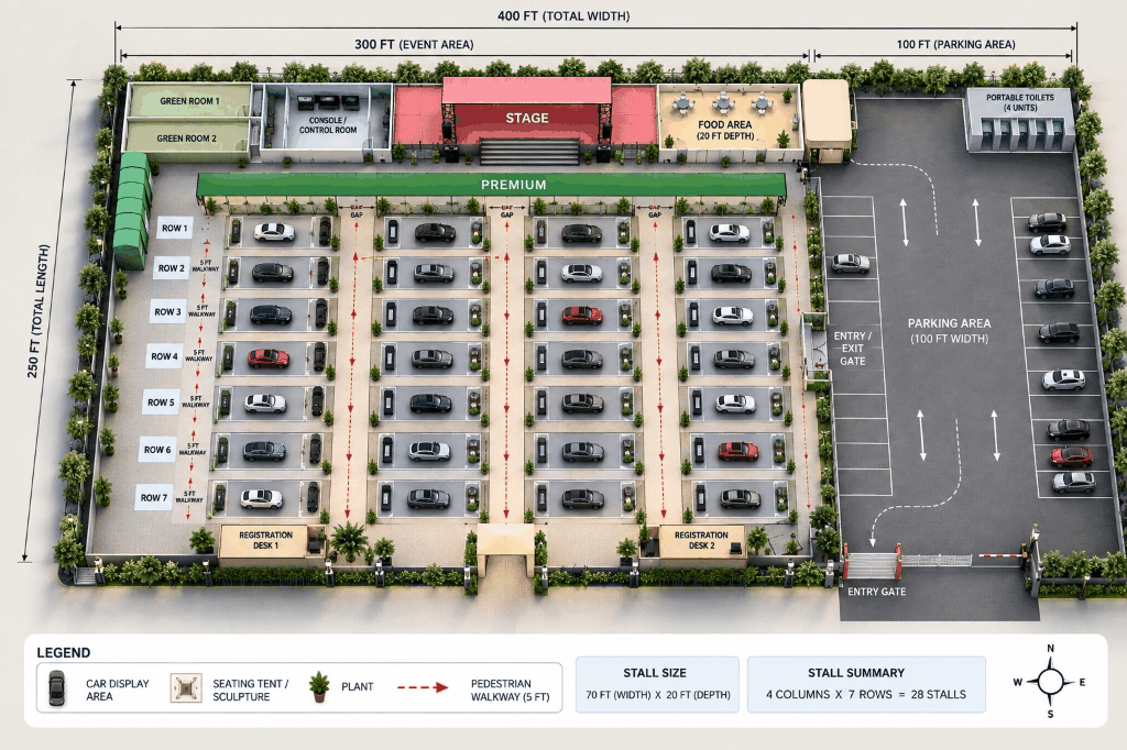 Golibar Maidan ground layout - 30 dealer stalls in 4 columns, premium row, stage, food area, and parking